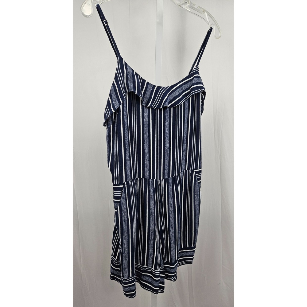 Ann Taylor LOFT Navy White Striped Ruffle Neck Romper S 8 Side Zip Pockets NWOT